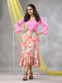 CHARUKRITI - Baby Pink Rayon Printed Flared Ethnic Dress