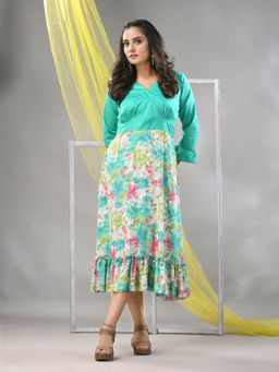 CHARUKRITI - Mint Green Rayon Printed Flared Ethnic Dress