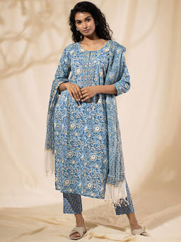 Likha - Blue Printed Kurta Pant Dupatta LIKSKD25 (Set of 3)