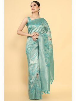 Soch - Women Teal Chanderi Floral Saree with Unstitched Blouse