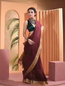 Beatitude - Wine Woven Linen Saree with Zari Border