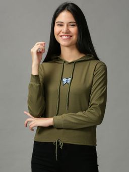 SHOWOFF - Womens Long Sleeves Regular Olive Hooded Sweatshirt
