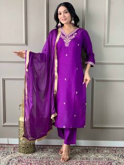 Odette - Purple Embroidered Chanderi Stitched Kurta with Trouser & Dupatta (Set of 3)