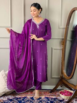 Odette - Purple Embroidered Rayon Stitched Kurta with Trouser & Dupatta (Set of 3)