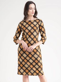 FableStreet - Beige Boat Neck Checkered Shift Dress