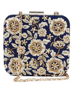 The Purple Sack - Navy Blue Floral Zardozi Clutch