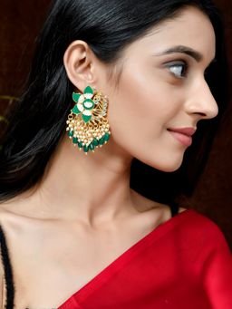 Silvermerc Designs - Gold Plated Green Toned Handcrafted Kundan Studded Floral Drop Earrings