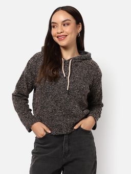 Campus Sutra - Womens Textured Hoodie Sweatshirt Black