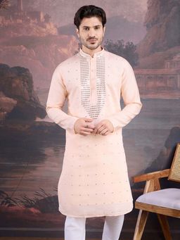 Sanwara - Men Designer Art Silk Peach Kurta with Sequins Accent