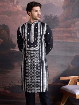 Sanwara - Men Premium Cotton Black Embroidered Sequinned Kurta