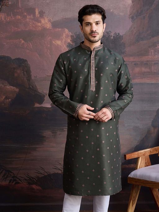 Sanwara Men Stylish & Designer Olive Embroidered Kurta