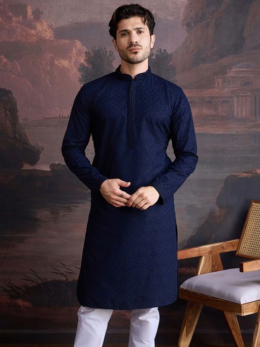 Sanwara Men Navy Blue Cotton Chikankari Stylish Kurta