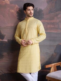 Sanwara - Men Yellow Cotton Chikankari Stylish Kurta