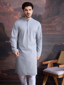 Sanwara - Men Grey Cotton Chikankari Embroidered Kurta