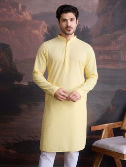 Sanwara - Men Light Yellow Cotton Chikankari Embroidered Kurta
