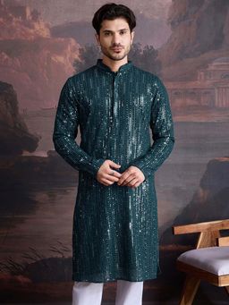 Sanwara - Men Stylish Chikankari & Sequined Firozi Green Kurta