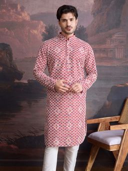 Sanwara - Men Designer Cotton Red Kurta with Sequins Accent