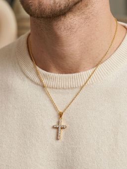 AQUASTREET - Mens 18K Gold Plated Anti-Tarnish Waterproof Cross Zircon Pendant Necklace