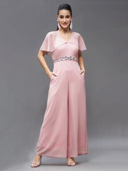 Miss Chase - Women's Powder Pink Georgette V-Neck Cape Solid Layered Party Jumpsuit