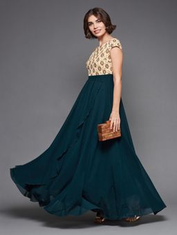 Miss Chase - Womens Multicolored-Base-Teal Round Neck Cap Sleeve Floral Layered Maxi Dress