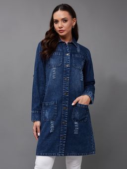 Miss Chase - Women's Navy Blue Polo Neck Patch Pocket Denim Overcoat Knee-Length Jacket