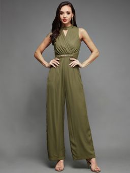 Miss Chase - Womens Olive Solid Sleeveless Wrap Jumpsuit