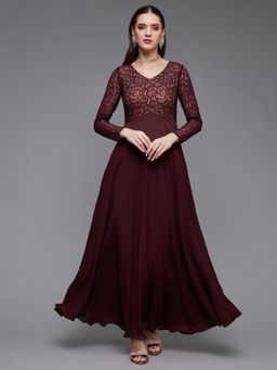 Miss Chase - Women's Wine V-Neck Full Sleeve Laced Maxi Party Dress