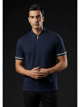 OUTERWORLD - Men Navy Blue Collar Neck Half Sleeves Polo T-Shirt