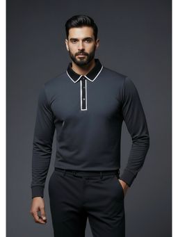 OUTERWORLD - Men Black Collar Neck Full Sleeves Polo T-Shirt