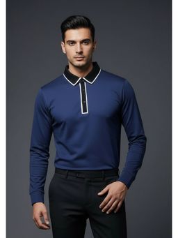 OUTERWORLD - Men Navy Blue Collar Neck Full Sleeves Polo T-Shirt