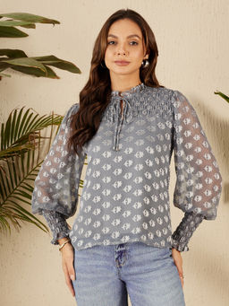 Marie Claire - Women Grey Keyhole Neck Self Design Top