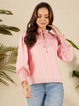 Marie Claire - Women Pink Keyhole Neck Vertical Stripes Top