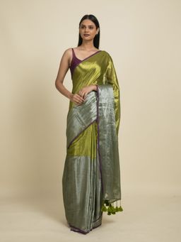 Suta - Green Golden Silver Cotton Zari Saree