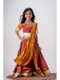 Peekaaboo Kids - Cinnamon Red Ghoomar Pure Cotton Lehenga With Choli And Dupatta