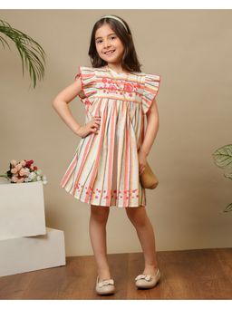 Miyo - Multicolor Girls Embroidered Striped Sleeve Dress