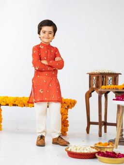 JILMIL - Boys Rust Orange Embroidered Kurta With Pant