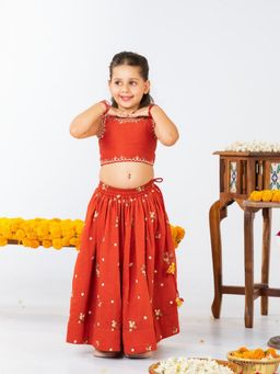 JILMIL - Girls Rust Embroidered Lehenga With Blouse