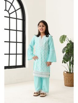 Spunkies - Aqua Girls Printed Bell Sleeve Kurta With Palazzo