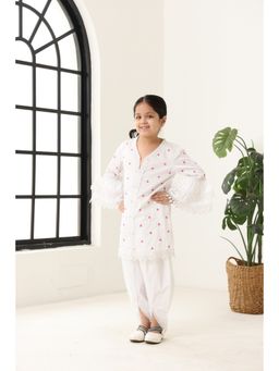 Spunkies - White Girls Embroidered Bell Sleeve Kurta With Dhoti