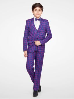 Jeetethnics - Boys Navy Checked Coat Suit With Waistcoat Shirt & Trousers (Set of 5)
