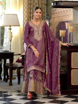 Autumnlane - Mauve Garja Sangria Full Work Kurta with Palazzo and Dupatta
