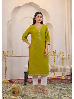 Autumnlane - Green Ivy Slime Embroidered Kurta