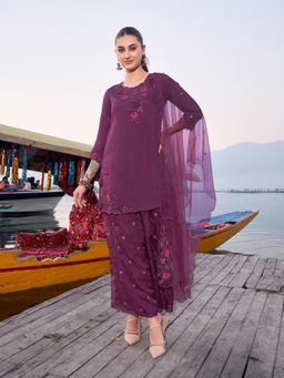 Autumnlane - Purple Nisha Grape Embroidered Kurti with Palazzo and Dupatta