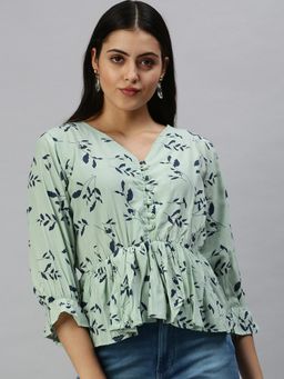 SHOWOFFFF - Women V-Neck Three Fourth Sleeves Printed Green Top