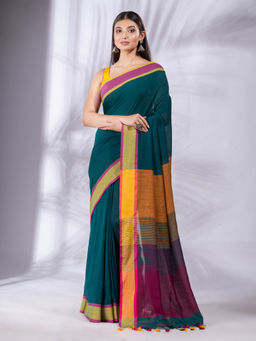 CHARUKRITI - Teal Pure Cotton Handwoven Soft Saree & Stripes Pallu with Unstitched Blouse