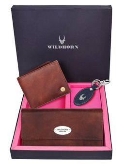WILDHORN - Premium Leather Ladies Wallet, Mens Wallet and Keychain Gift -1K_PCRKL_2052C_K (Set of 3)