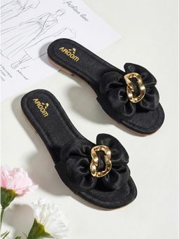 Aroom - Black Women's Comfortable and Soft Insole Bows Flat Sandal