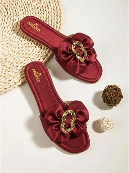 Aroom - Maroon Women's Comfortable and Soft Insole Bows Flat Sandal