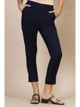 Elleven - Women's Blue Solid Slim Fit Cotton Flax Pant