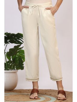 W - Off-White Solid Cotton Flax Straight Pant